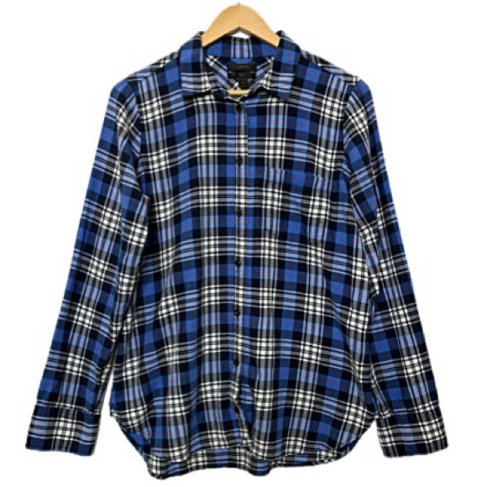 J. Crew Womens Plaid Long Sleeve Button Down Shirt Boy Fit Size 8 Blue Stretch